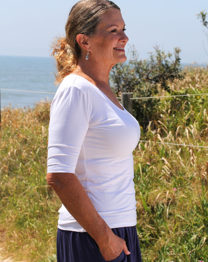 scoop tee in white modal worn by size 12 model