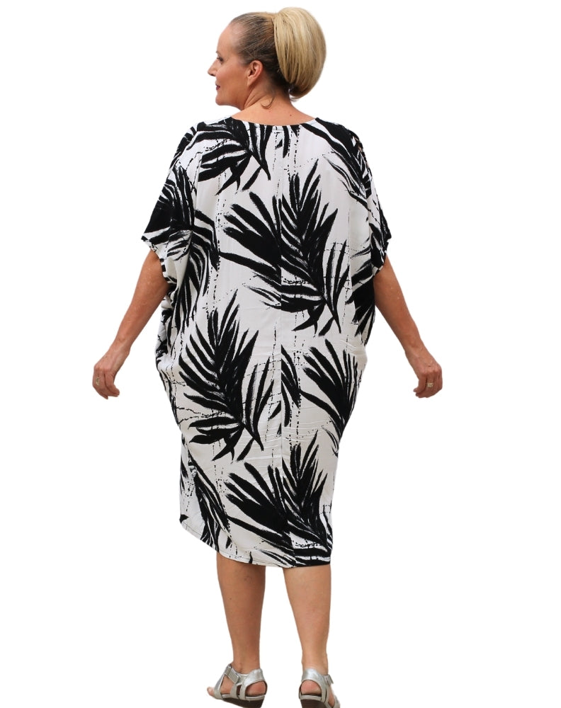 kaftan dress in black palms by miss seafari showing back of dress
