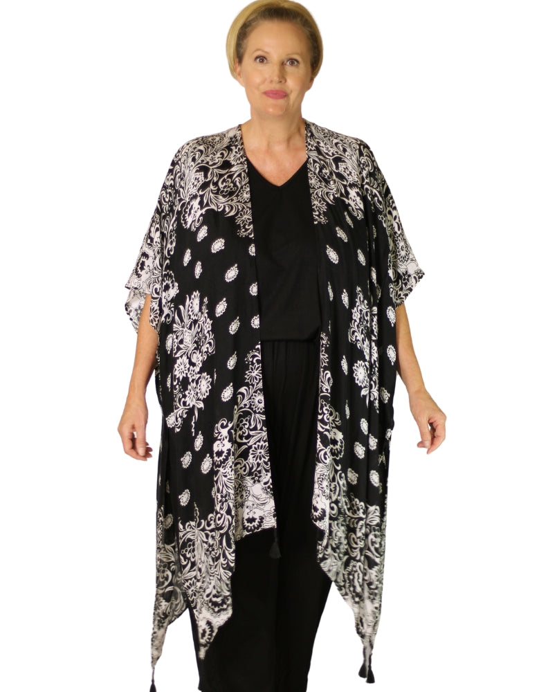 kimono jacket in black and white paisley styled with black modal basics