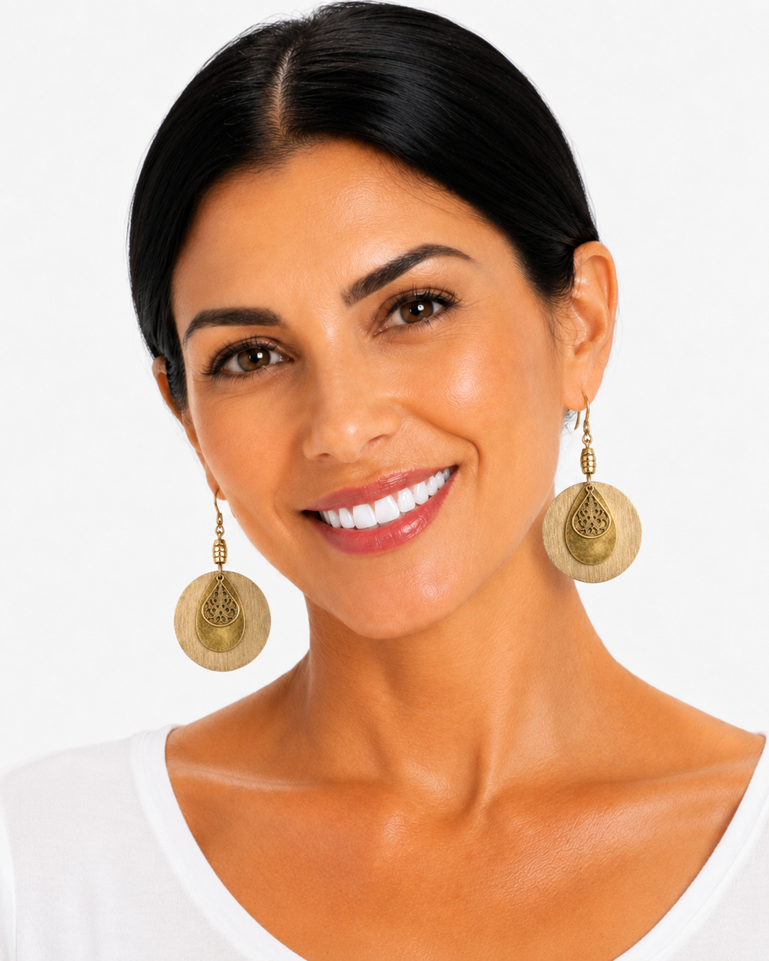 rustic boho golden disc earrings on woman in studio
