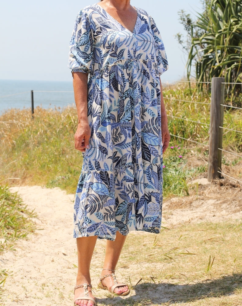 boho midi dress blue leaves print and showing the length of dress below knee