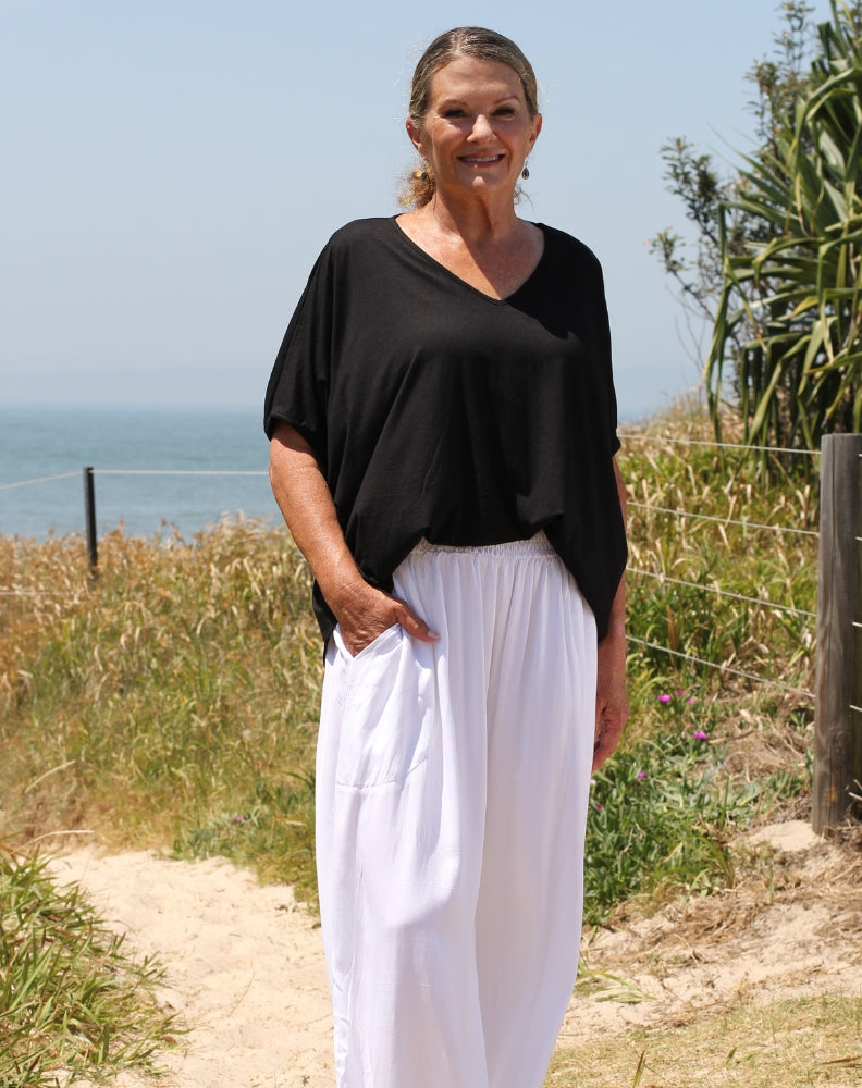 cold shoulder top in black modal styled on size 10 mature woman