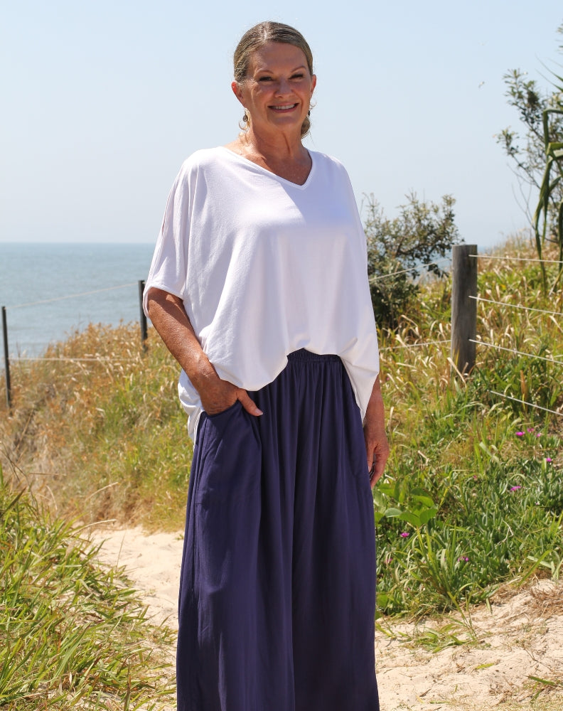 cold shoulder top in white modal worn on size 10 mature woman