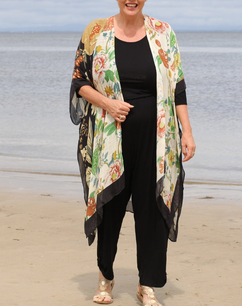 comfort pant in black modal styled with a kimono to elevate basics