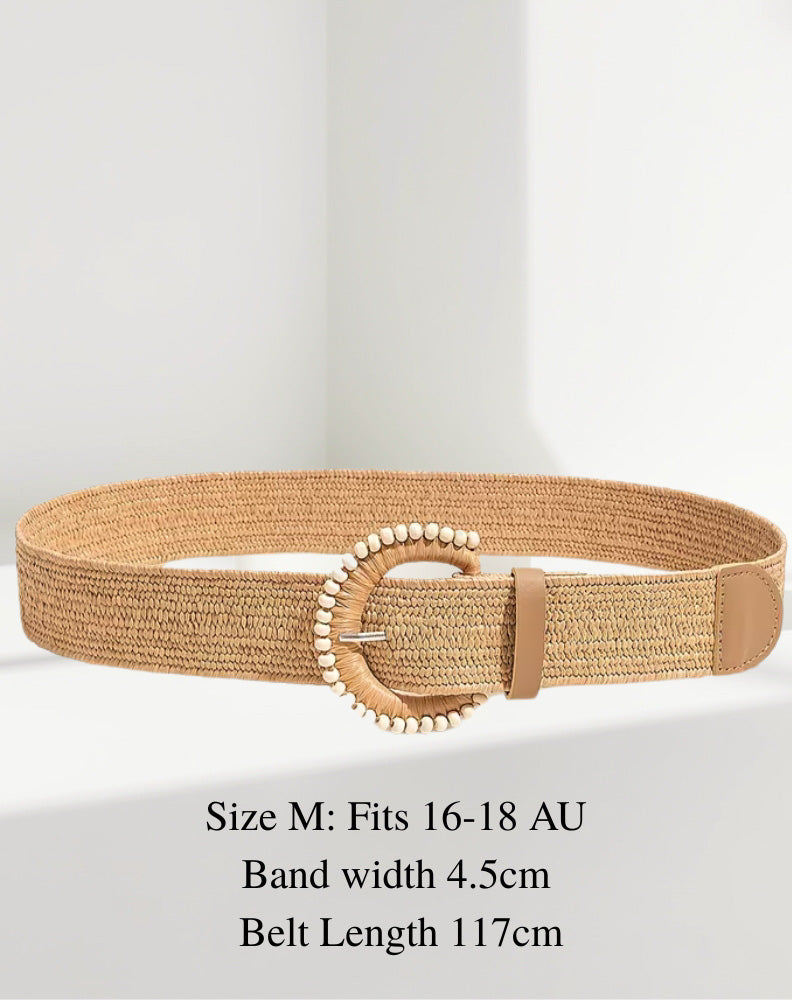 Rattan woven elasticised belt with a beaded buckle on a white background