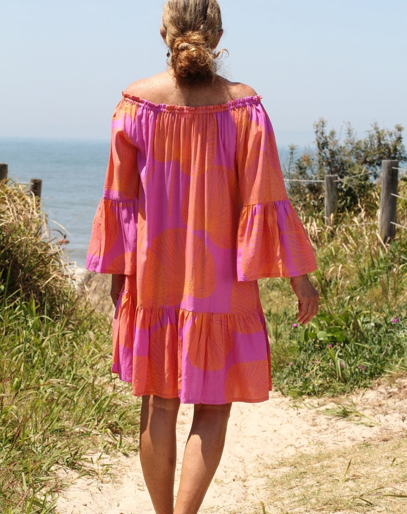 fiesta dress in orange palms showing worn with out belt