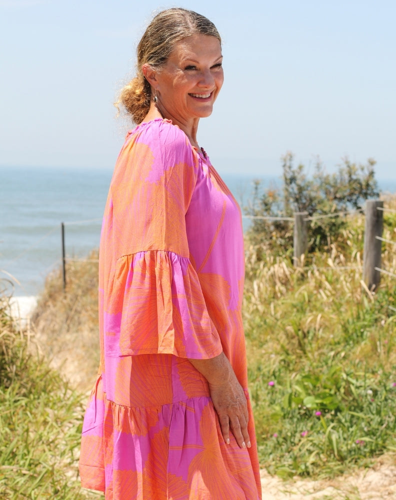 fiesta dress in orange palms show sleeve length