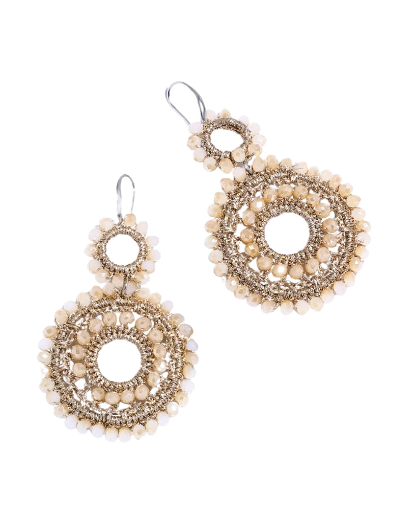 gold boho statement earring with beads and crochet detail
