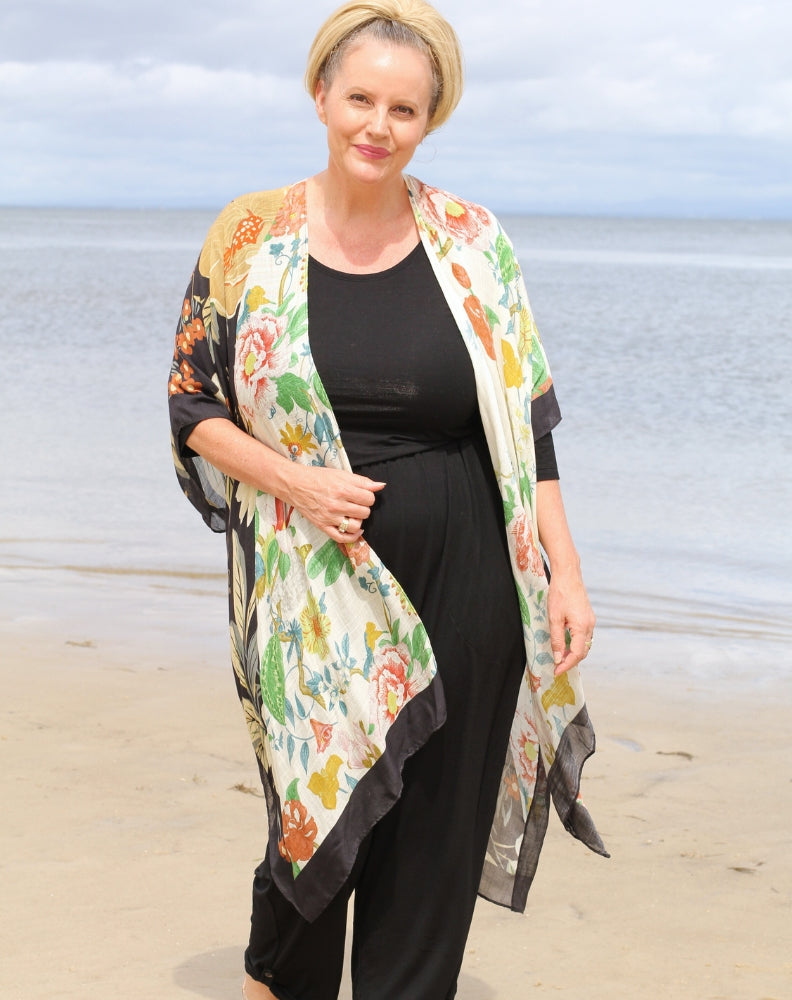 kimono jacket in boho floral styled with miss seafari modal basics for a beach and resort look