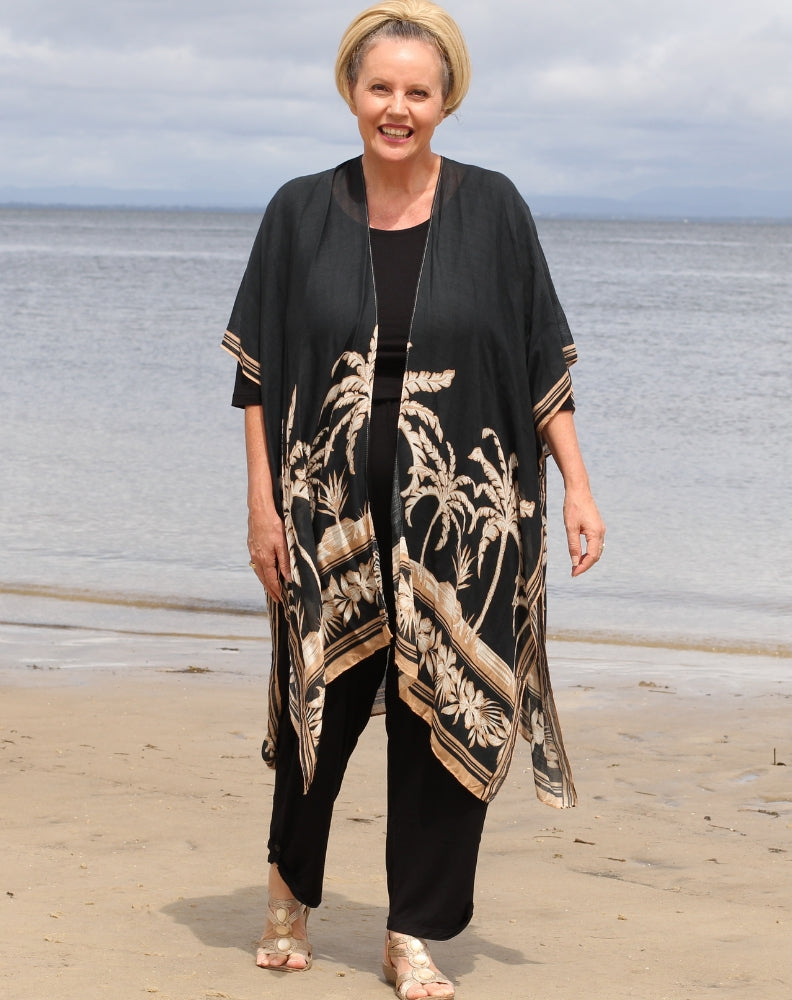 kimono in boho palm floral showing dressed with modal basics by miss seafari