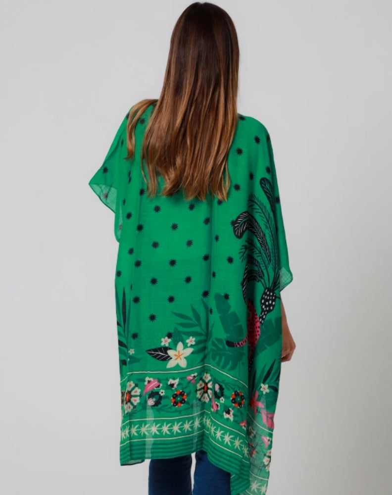 Green patterned kimono with leopard worn by a size 10 woman