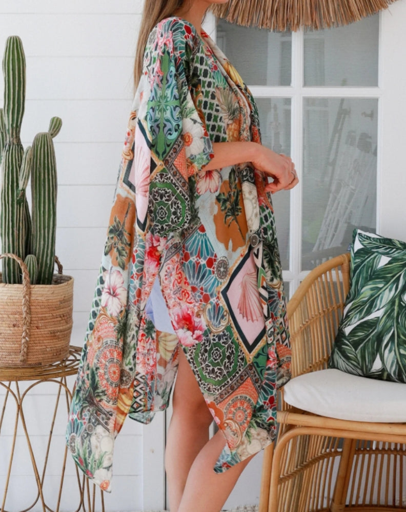colourful moroccan print kimono side profile of size 10 woman