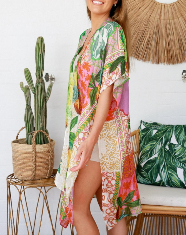 kimono jacket in tropicano print showing side view