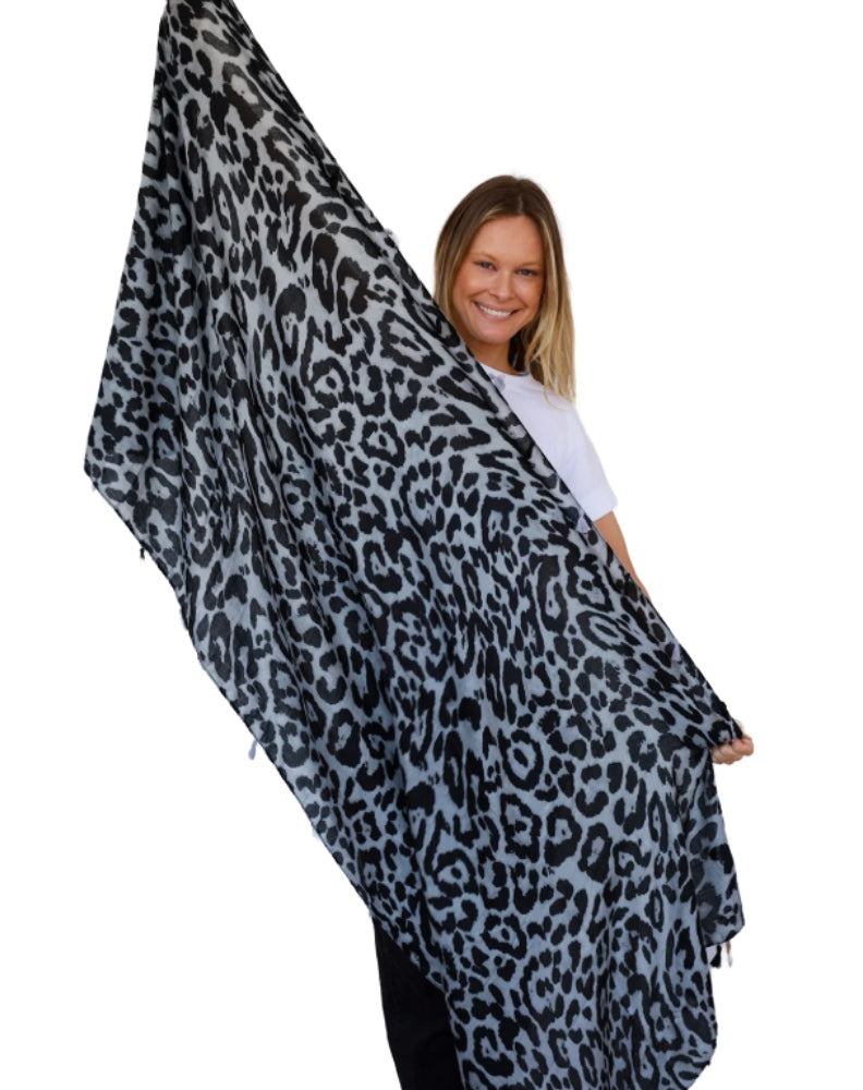 Grey blue leopard scarf showing size