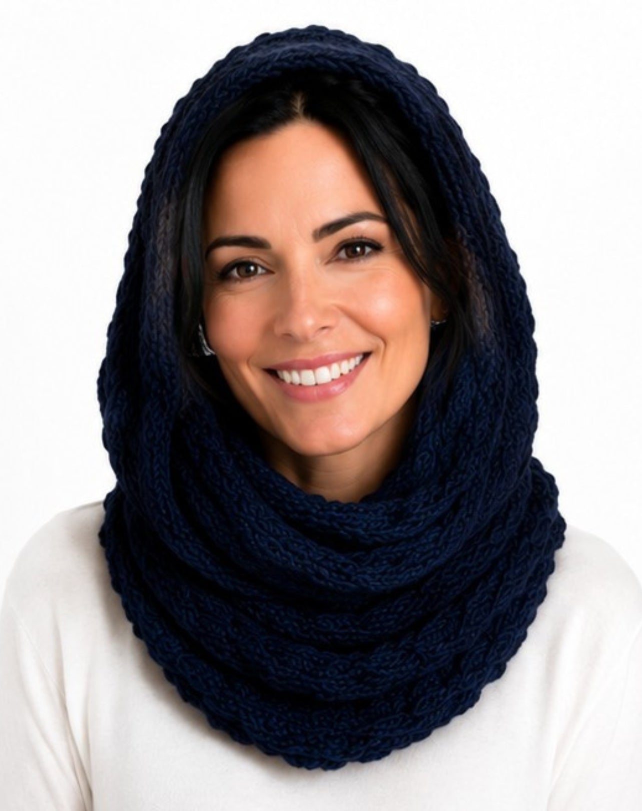 woman with hooded navy scarf in white tee
