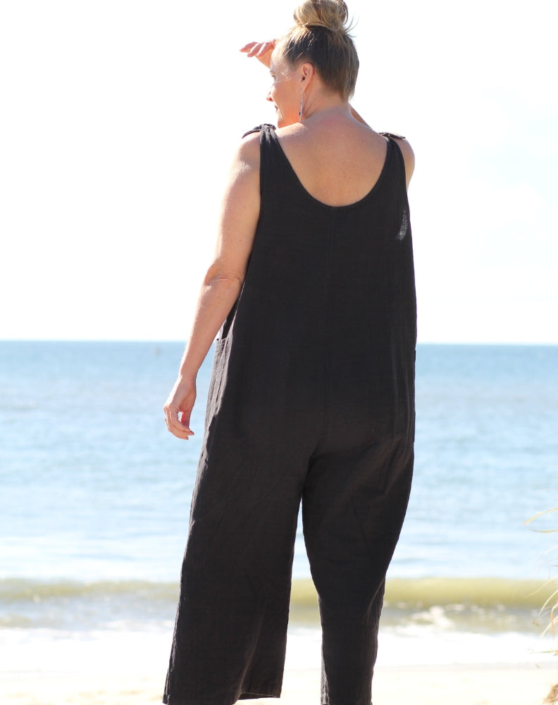 tiestrap jumpsuit in black cotton by miss seafari back view