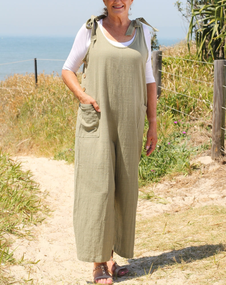 tiestrap jumpsuit in sage by miss seafari styled with white modal top