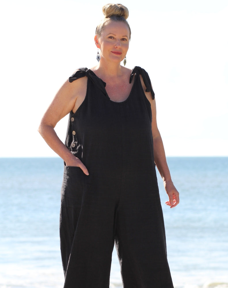 tiestrap jumpsuit in black cotton by miss seafari