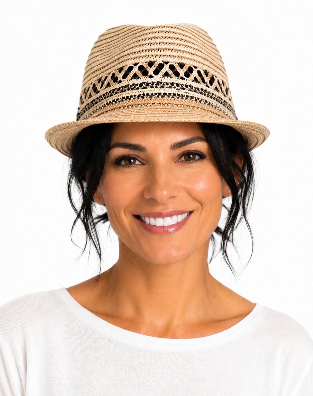 bali resort hat on mature woman in studio
