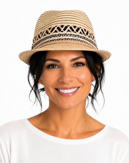 bali resort hat on mature woman in studio