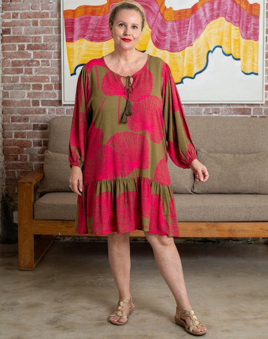 Beach Boho Dress in Pink Palms