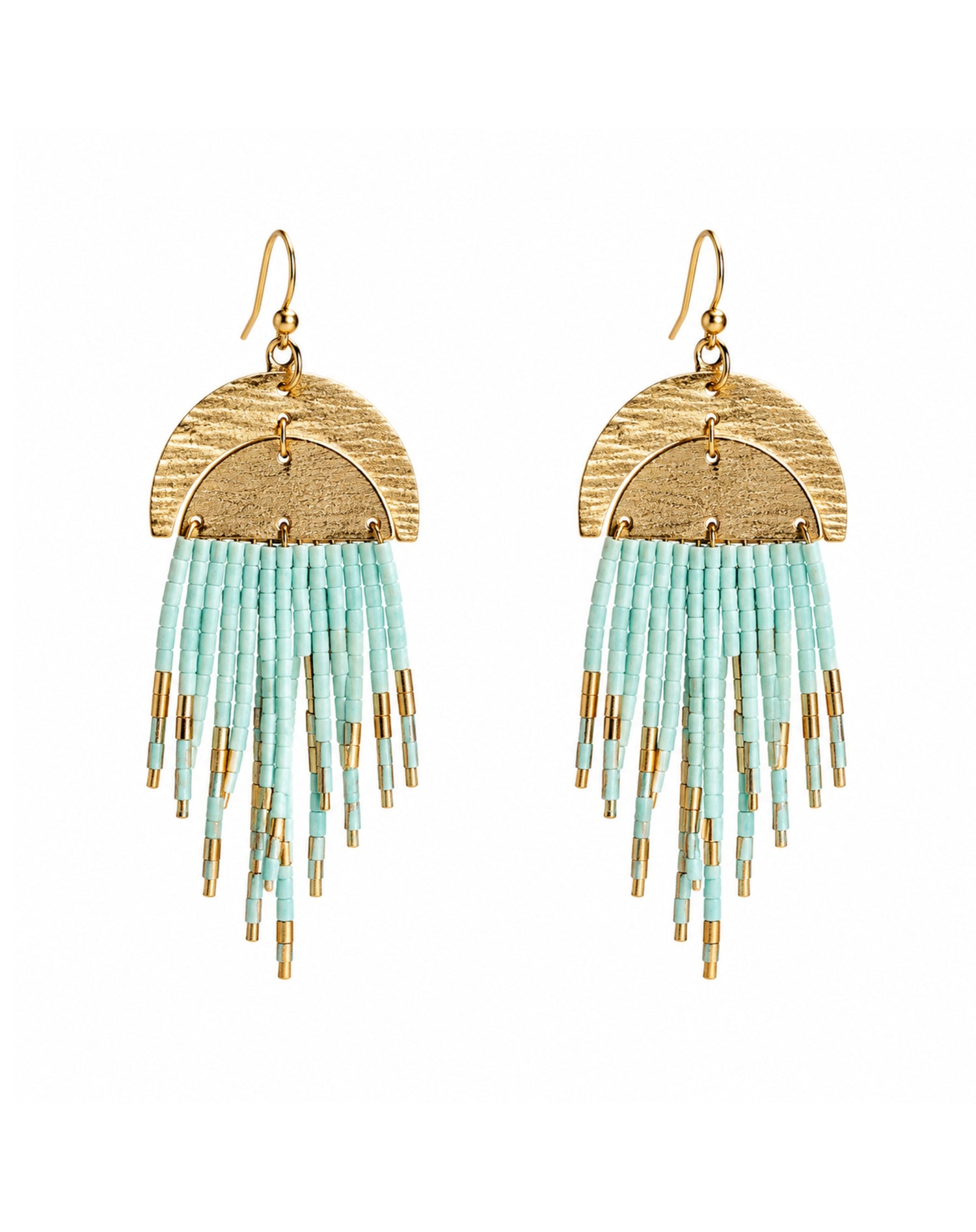 A pair of bohemian-style dangle earrings featuring textured gold-tone metal arches, small mint beads, and dangling gold-tone tips, shown against a plain white background.