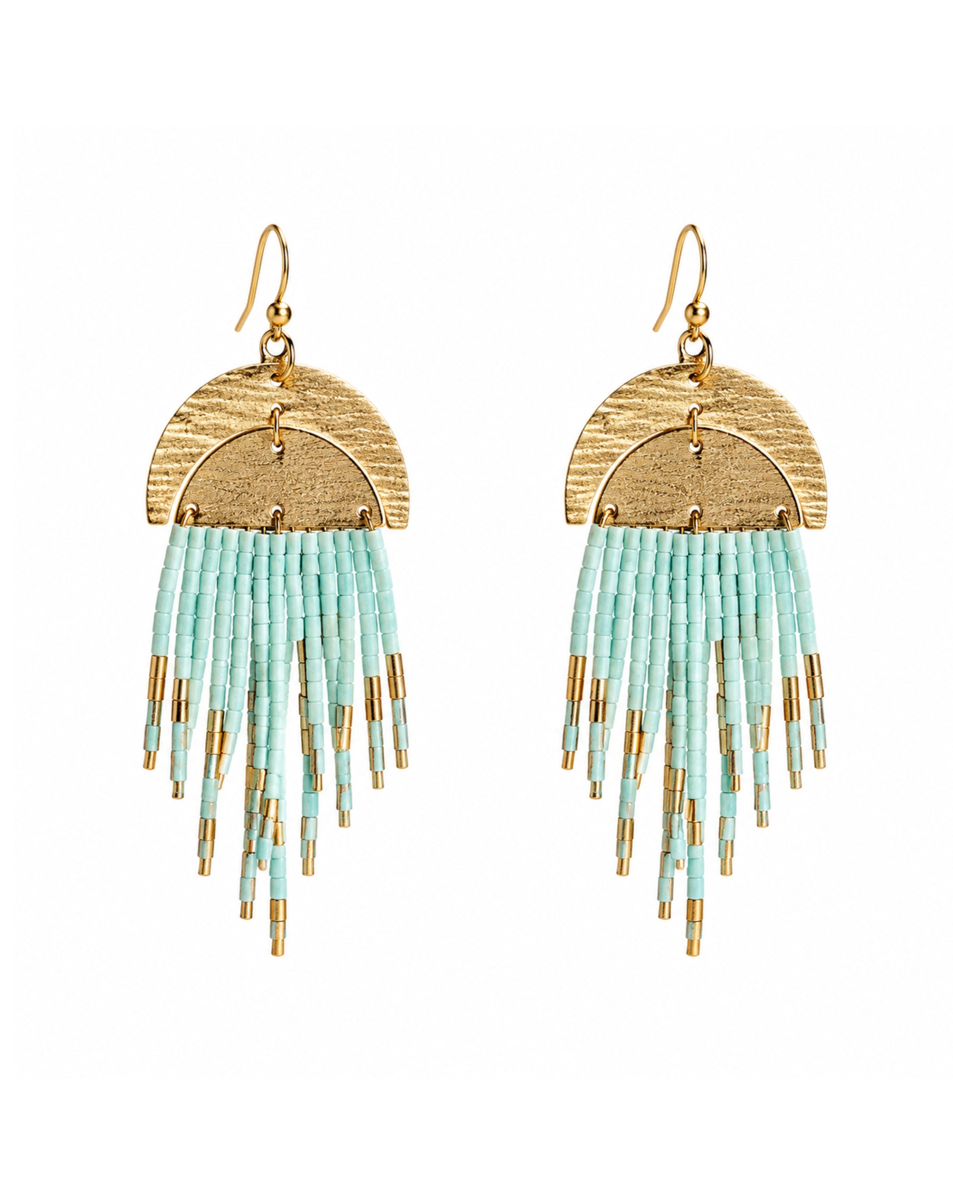 A pair of bohemian-style dangle earrings featuring textured gold-tone metal arches, small mint beads, and dangling gold-tone tips, shown against a plain white background.