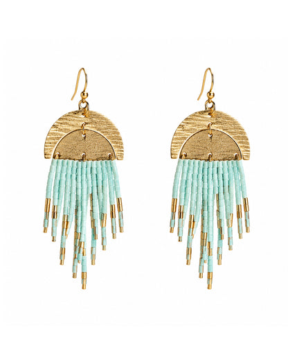 A pair of bohemian-style dangle earrings featuring textured gold-tone metal arches, small mint beads, and dangling gold-tone tips, shown against a plain white background.
