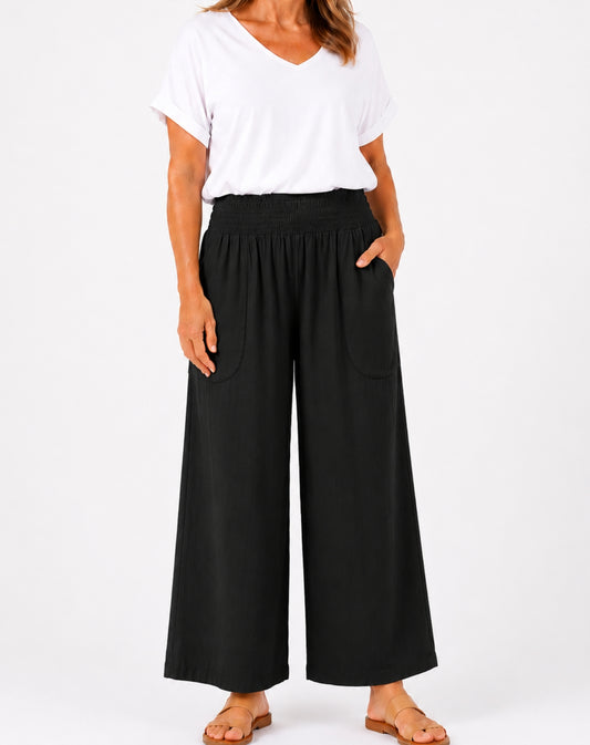 A woman wearing black wide-leg cropped pants with side pockets, paired with a white V-neck t-shirt and flat sandals, shown against a plain white studio background.