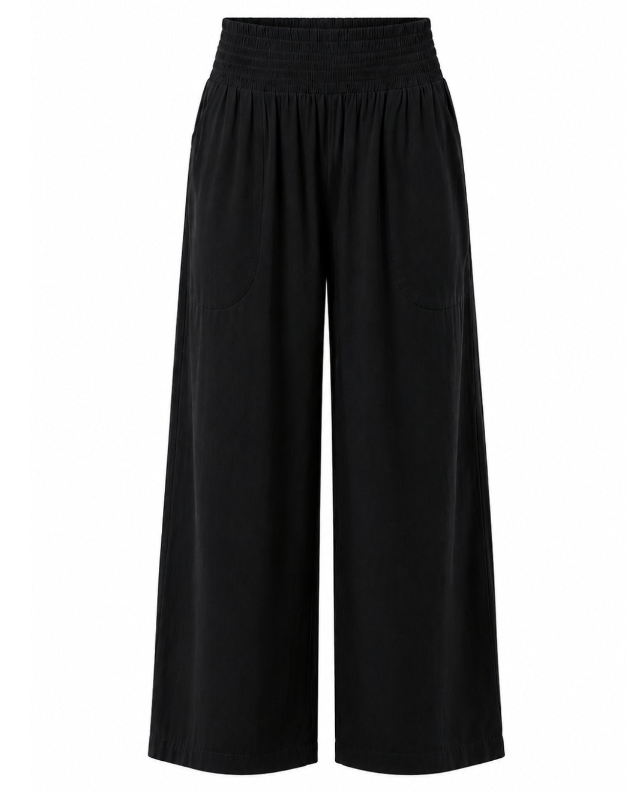 Black wide-leg cropped pants with an elastic waistband, shown against a plain white background.
