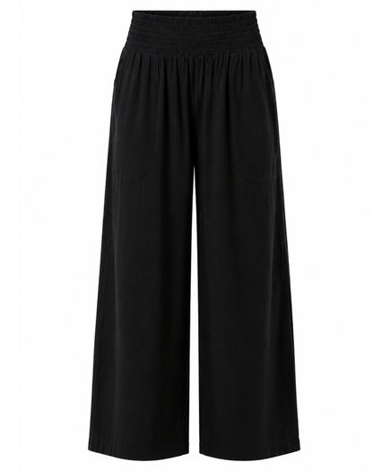 Black wide-leg cropped pants with an elastic waistband, shown against a plain white background.