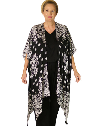 kimono jacket in black and white paisley styled with black modal basics