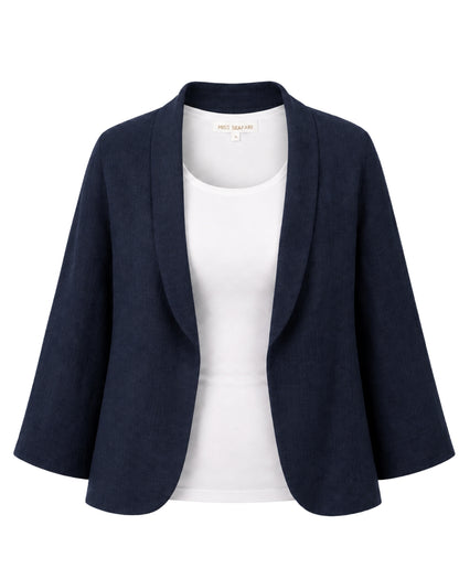 A navy blue linen look open-front jacket with wide three-quarter sleeves, styled over a white scoop neck tee on a plain white background.