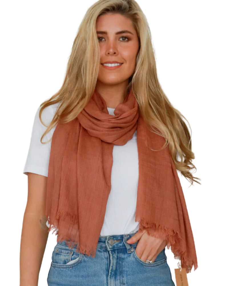 Colour Pop Scarf In Rust worn with tee