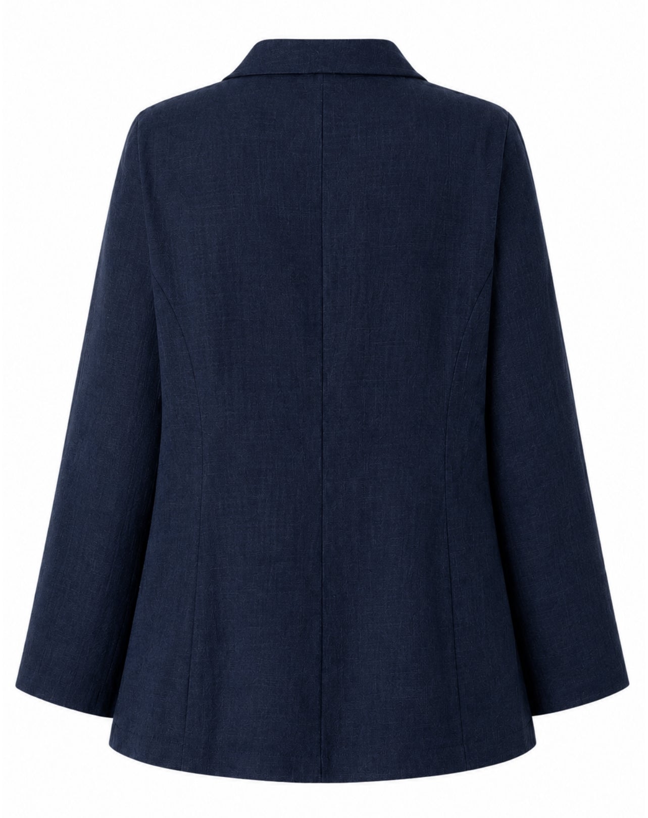 A navy blue blazer in cotton linen shown from the back, featuring a structured collar, long sleeves, and a slightly flared silhouette, photographed against a solid white background.