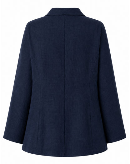 A navy blue blazer in cotton linen shown from the back, featuring a structured collar, long sleeves, and a slightly flared silhouette, photographed against a solid white background.
