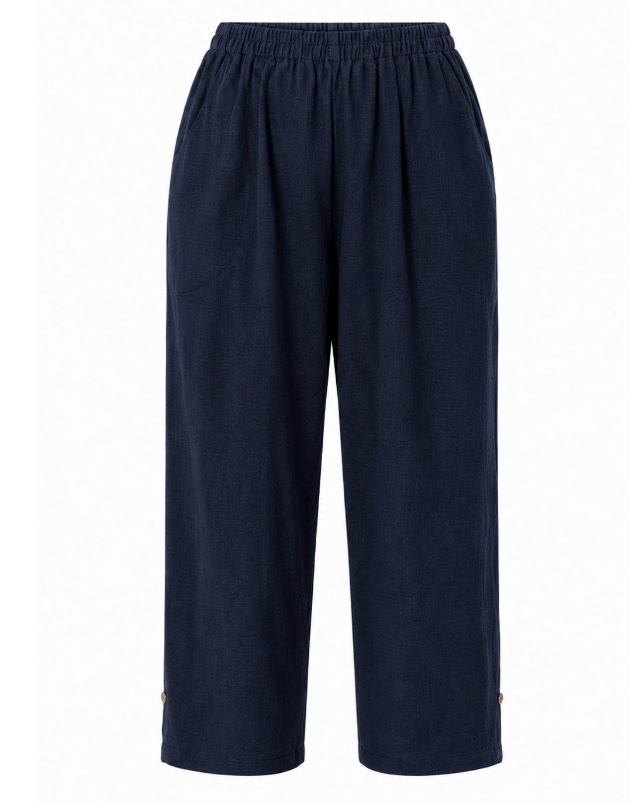 A pair of dark navy blue linen style cropped pants with an elastic waistband, shown against a plain white background.