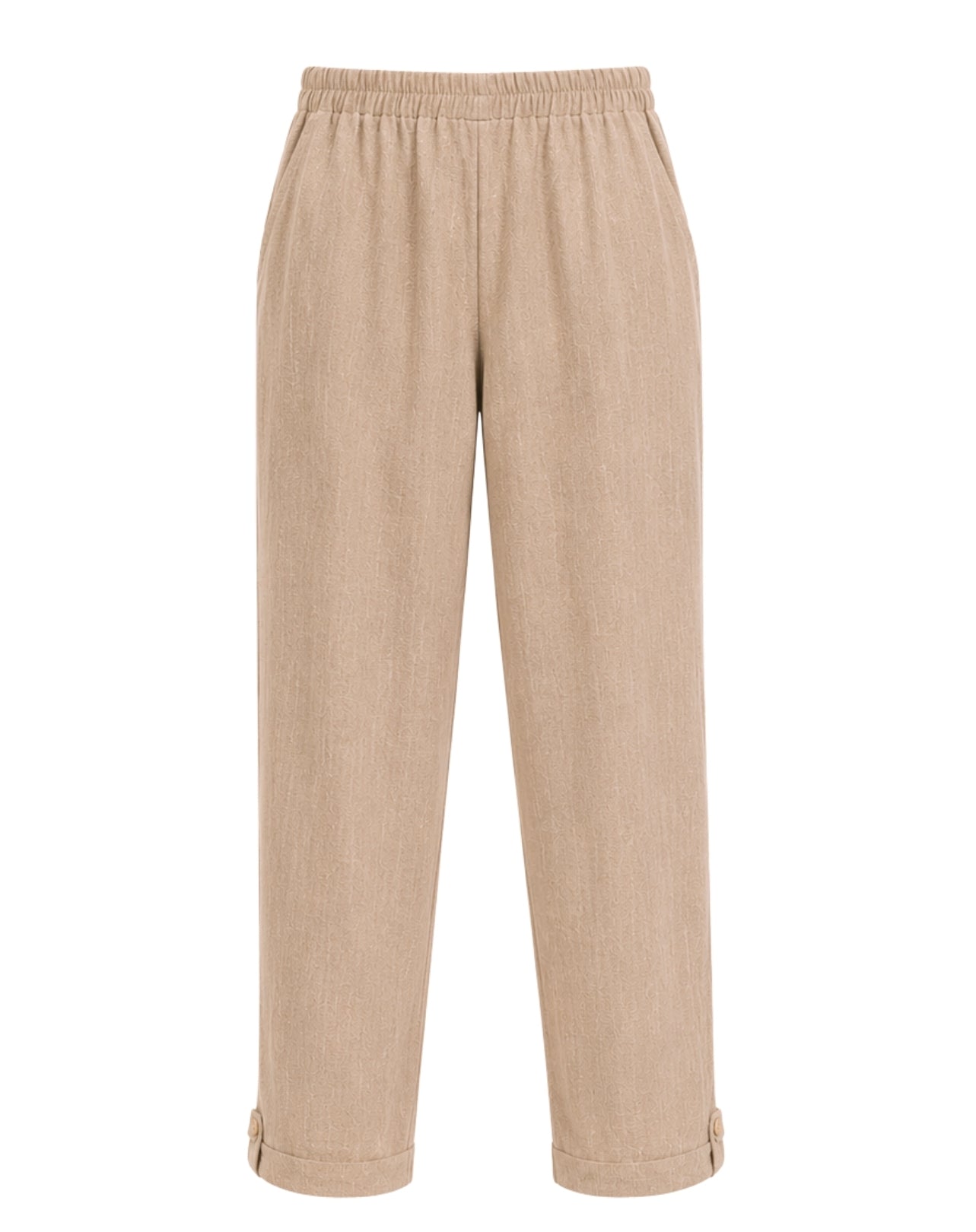 A pair of beige wide-leg cropped pants with an elastic waistband and cuffed hems, shown against a plain white background.