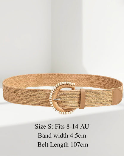 boho elasticised belt with a beaded buckle on a white background