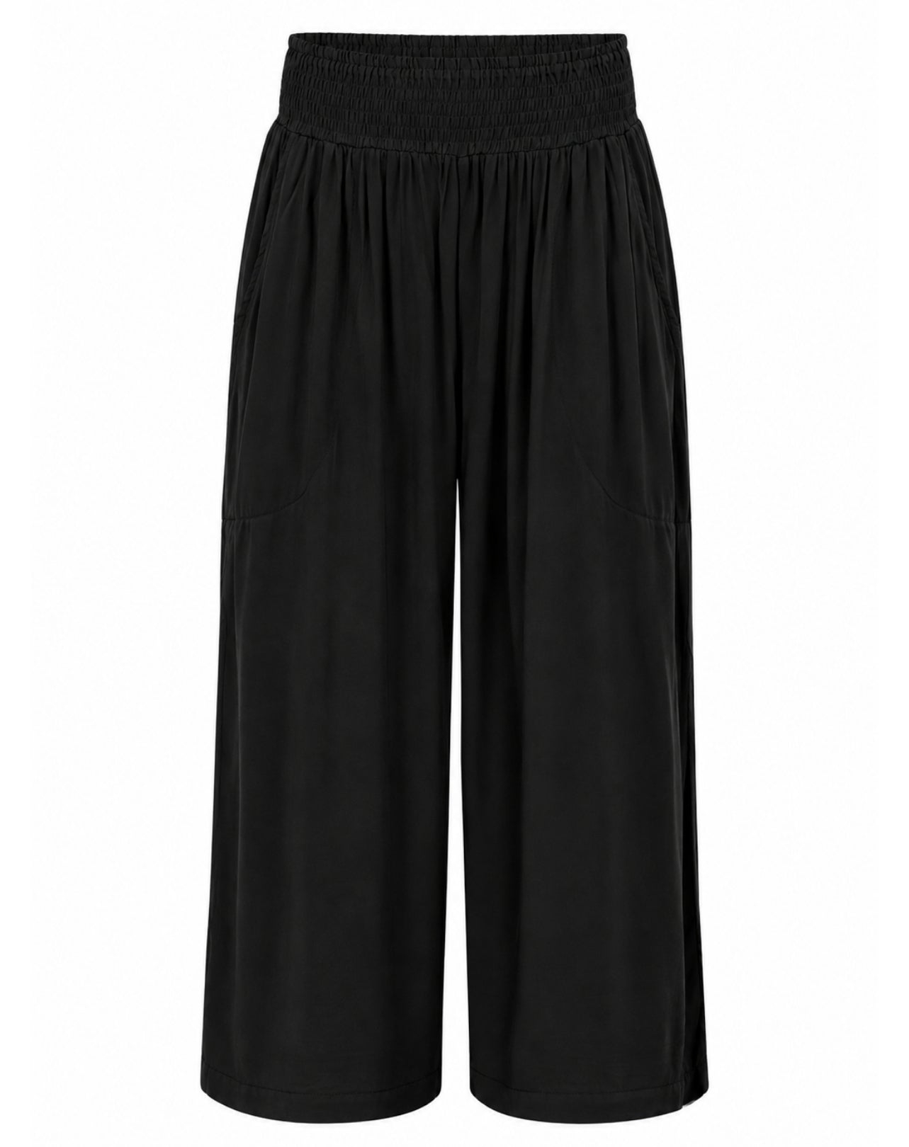Black wide-leg cropped pants with an elastic waistband and side pockets, shown against a plain white background.