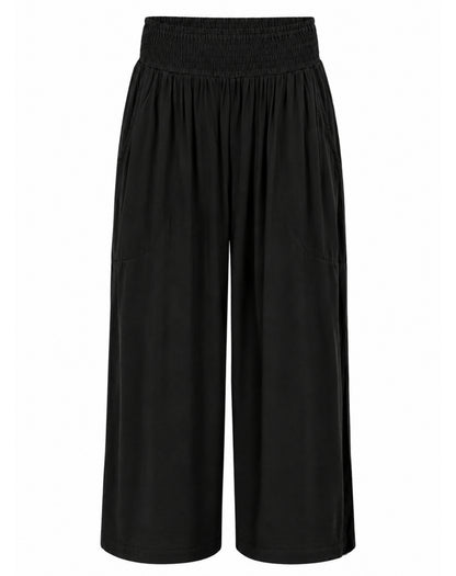 Black wide-leg cropped pants with an elastic waistband and side pockets, shown against a plain white background.