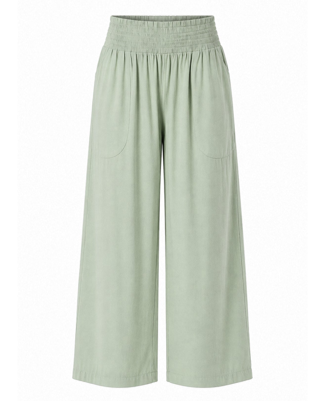 wide leg pant in mint with large pockets and elasticised waist and 7/8 crop leg