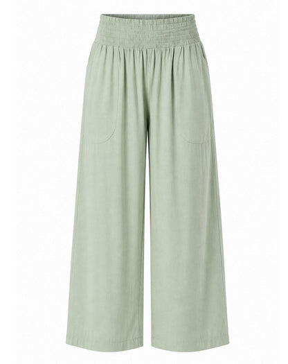 wide leg pant in mint with large pockets and elasticised waist and 7/8 crop leg
