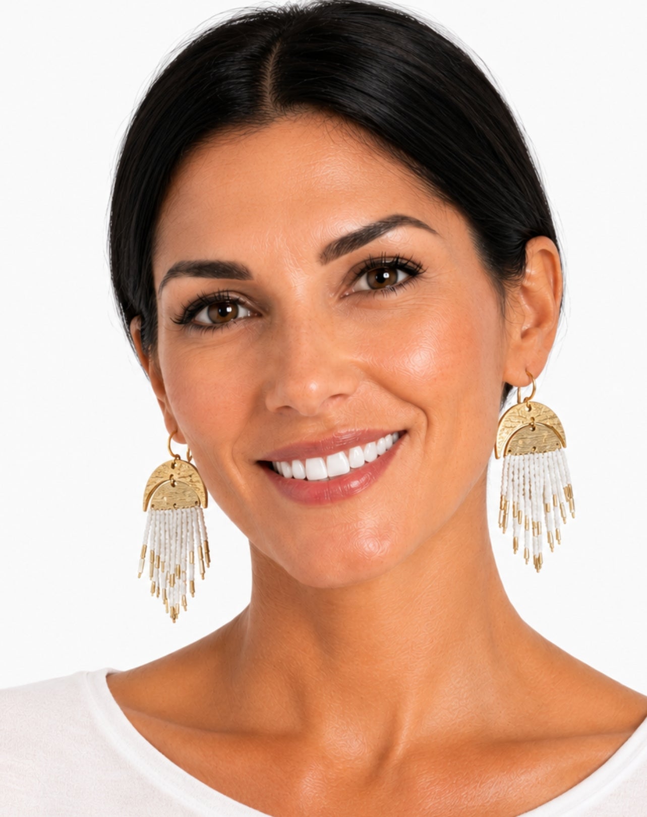 White Beaded Half Moon Earrings