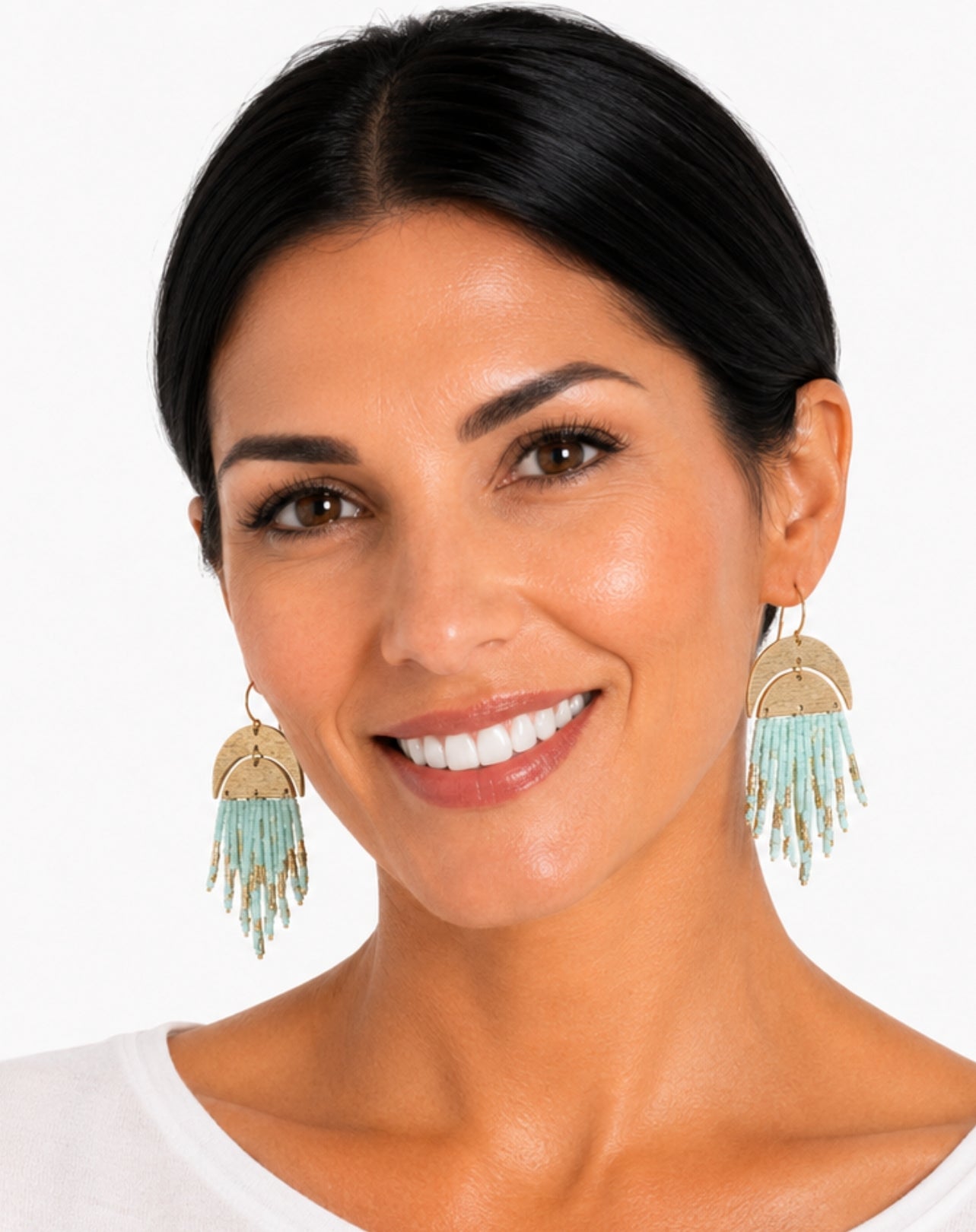 Mint Beaded Half Moon Earrings