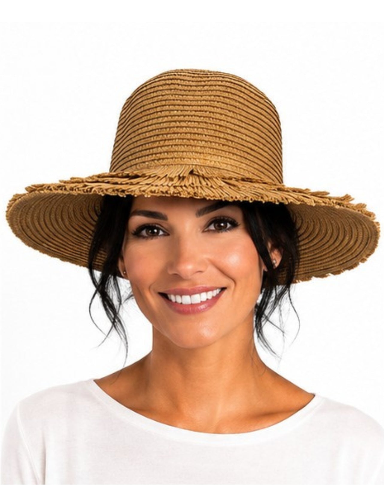 wide brim raffia style hat on woman