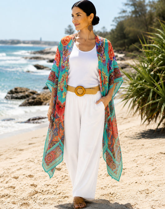 boho design in aqua and red kimono