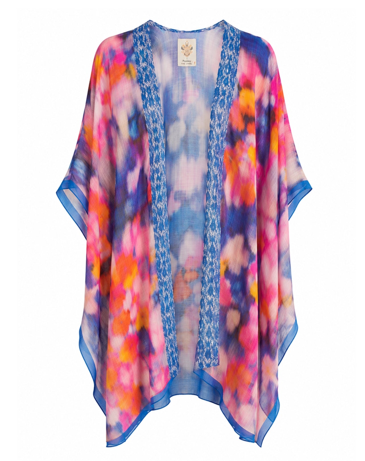 A lightweight, open-front kaftan or poncho top featuring a vibrant multicolor floral print in shades of pink, blue, purple, and orange, with blue patterned trim along the neckline and armholes.