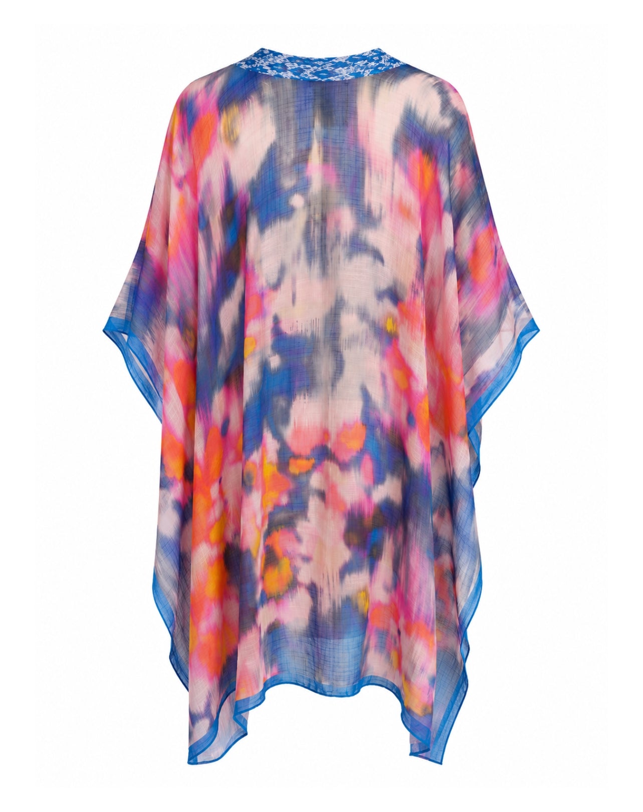 A lightweight, semi-sheer kaftan-style cover-up with a vibrant multicolor tie-dye pattern in shades of blue, pink, orange, and white, featuring a solid blue lace-trimmed neckline.