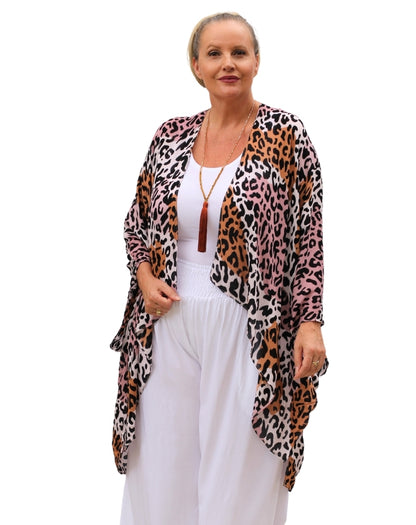 kimono jacket in pink leopard worn with miss seafari white everyday resort style pant and modal white scoop tee